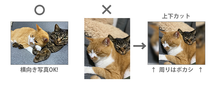 横向き写真OK!縦写真は上下カット、周りはボカシになります。